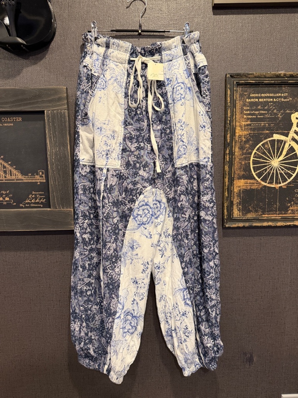 Free People Blue and White Patchwork Floral Joggers NWT small